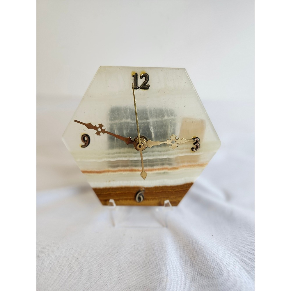 Vintage Hexagon Onyx Stone Desk Clock Natural Banded Marble Quartz Movement